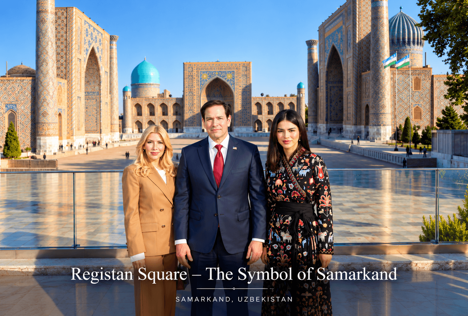 Saida Mirziyoyeva with U.S. Secretary of State Marco Rubio at the historic Registan Square in Samarkand, Uzbekistan.